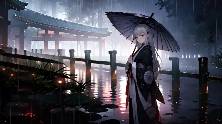 Highest quality, Beautiful woman(Detailed face), warrior, sad, carry a sword, Holding a Japanese umbrella, Tears, Are standing, Recall, Semi-long gray hair, Silver Eyes, sanpaku, Pale skin, expensive, Japanese clothes, 20-year-old, Japanese, sad場面, At nigh...