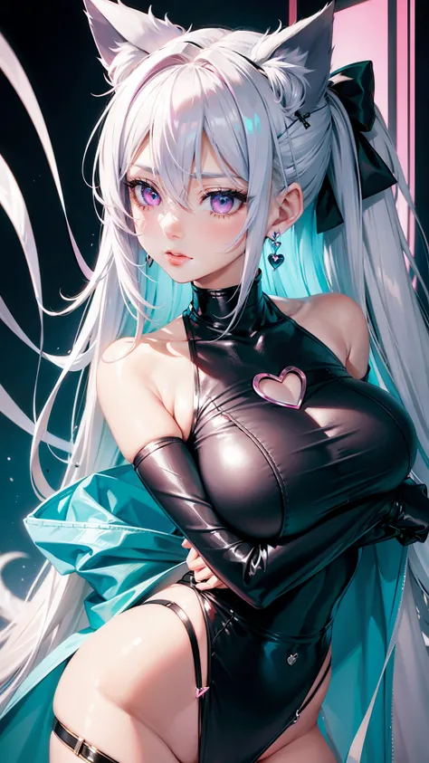 Silver hair, pink eyes, body, cat ears, sexy girl, earrings, heart background fantasy, teal blue uniform, hair bow