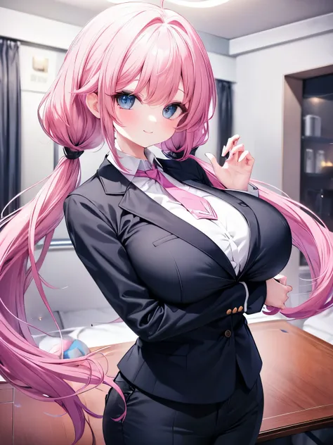 Best Quality,Beautiful Eyes,Very cute face,Beautiful Anime Girl,(Solo Girl),(gigantic breasts),(large breasts),(huge breasts),(big breasts),(mega breasts),(Pink hair),(low twintails:1.4),(Light blue eyes),Very happy smile,BREAK,(Black business suit,Black s...