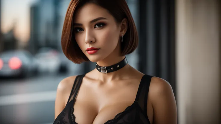 tmasterpiece,best qualtiy,hdr, hyper HD, 8K,Bokeh,Ultra-fine painting,Sharp focus,Physically-based rendering,Extreme detail description, half-body photo，looking at viewer, choker, dark eyeshadow:1.5, (red lipstick:0.9), (big breasts:1.3), (EOS R8, 50 milli...