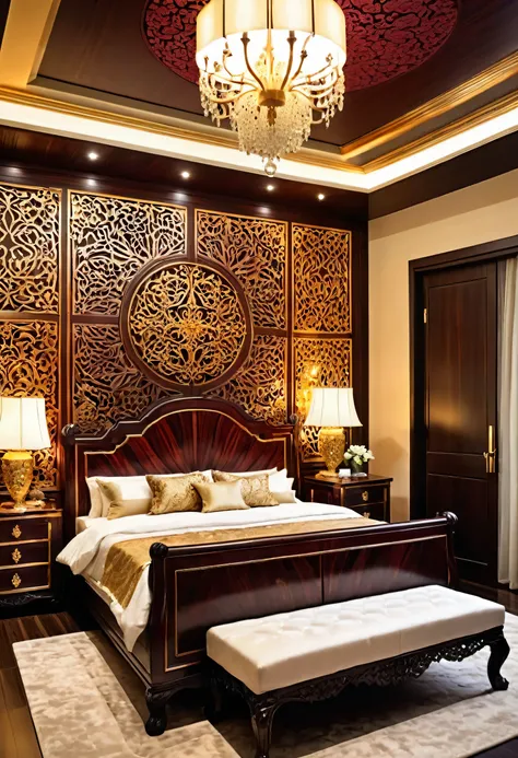 A beautiful bedroom made of rosewood decor design, intricate patterns, gold color, 