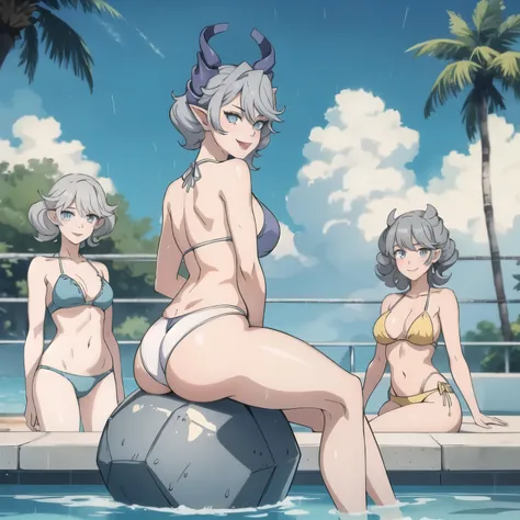 　3 girls High level image quality　best image quality　8K　 adult woman    pool party  rain　palm trees  more colors   whole body view　portrait　golden bikini   　horn    ears  　short hair（（shortcut）（gray hair）（perm）（fluffy））　eye color is blue ,  , 　attractive e...