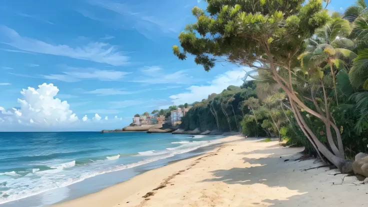 The view on the beach is beautiful in the afternoon. With a gust of wind. Coconut tree. And rocky hills.