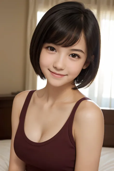 One girl, short hair,Black Hair,smile,Inside the room, summer,wine-red,Tank top,Bed,sleep,Innocence,cute,Baby Face,Junior high school freshman,A small cleavage on the chest,Look here,transparent, (masterpiece, Highest quality), Soft Light, Structure of the...