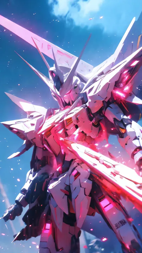 Real、high resolution、8K、Emitting pink light particles（universe space）Strike Freedom Gundam standing in the sky、Particles of light surround the aircraft、Facing the camera、
