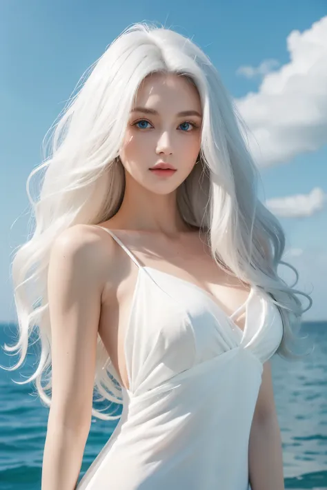 1 woman, White long curly hair，Natural and beautiful hair，The background is simple, clean and beautiful. White hair. Close lips. Water magic. Elegante. Ropa elegante. Blue natural eyes. Drink. 