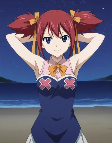chelia_blendy, source_anime, rating_safe, intricate details, anime screencap, anime coloring, 1girl, solo,  red hair, blue eyes, ribbon, hair ribbon, twintails, short twintails, looking at viewer, solo, contrapposto, spread armpit, arms behind head, smile,...