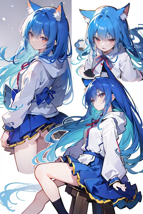 （masterpiece：1.2），Super detailed，lifelike，Expressive eyes，fair skin，perfect face shape，1 girl，
Japanese comics,Gorgeous blue hair,flowing blue hair,flowing clothes,Cat ears,Petals fall,beautiful lola,Baby Angel,
Shaking head with one hand，Cross your legs，G...