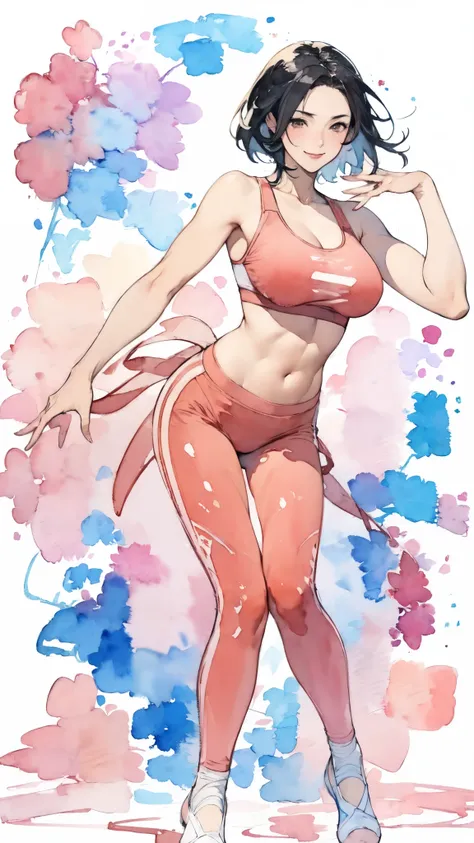 (masterpiece:1.2, Highest quality),(Very detailed),(((watercolor))),8K,wallpaper,(leggings),(Sports Bra),Gravure photoshoot,Middle-aged women,50 years old,Japanese women,ゴージャスなwhole bodyの肖像画,A lovely and delicate face,((Muscular)),(Beautiful Muscles),(Blac...