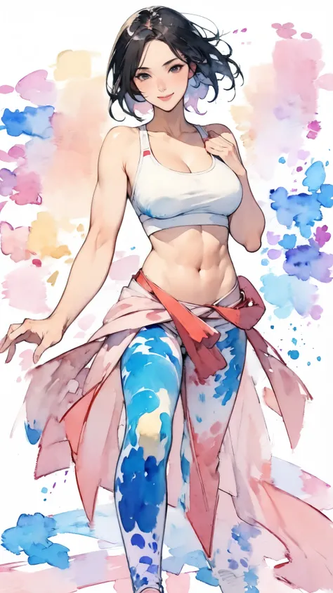 (masterpiece:1.2, Highest quality),(Very detailed),(((watercolor))),8K,wallpaper,(leggings),(Sports Bra),Gravure photoshoot,Middle-aged women,50 years old,Japanese women,ゴージャスなwhole bodyの肖像画,A lovely and delicate face,((Muscular)),(Beautiful Muscles),(Blac...