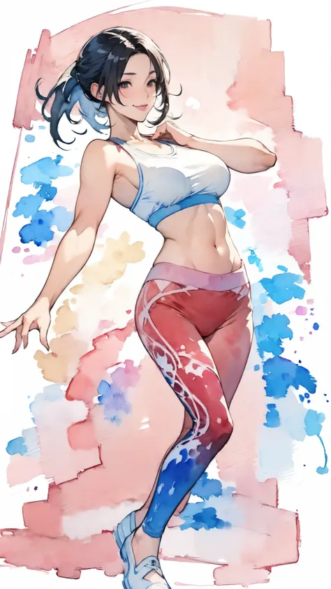 (masterpiece:1.2, Highest quality),(Very detailed),(((watercolor))),8K,wallpaper,(leggings),(Sports Bra),Gravure photoshoot,Middle-aged women,50 years old,Japanese women,ゴージャスなwhole bodyの肖像画,A lovely and delicate face,((Muscular)),(Beautiful Muscles),(Blac...