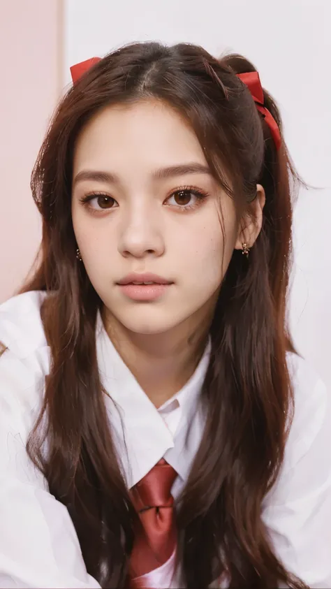 a closeup of a woman with long hair and a red tie, retrato de Jisoo from Blackpink, Portrait of Blackpink&#39;s Jossi, parque me, sun yunjoo, female korean idol portrait, lalisa manobal, pale korean adorable face, Jisoo from Blackpink, South Korean popular...