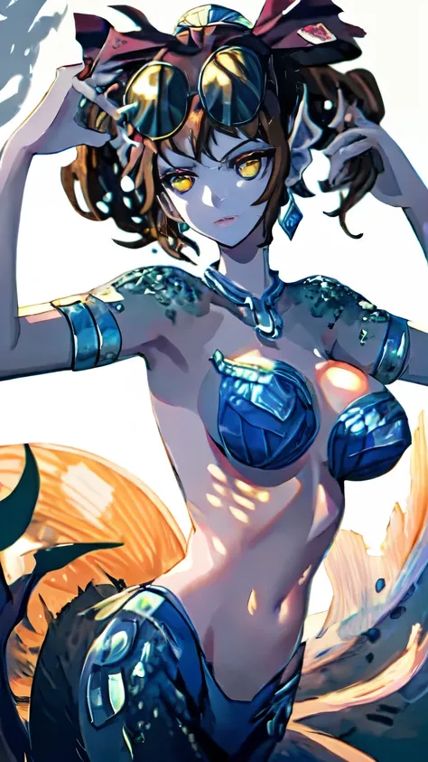 (illustration:1.8),(best quality),(masterpiece:1.5),masterpiece,extremely detailed CG unity 8k wallpaper),depth of field, mermaid, 1girl, solo, midriff, navel, armpits, bra, fins, gills, bracelet, armlet, necklace, pearls, choker, gold, jewelry, full body,...