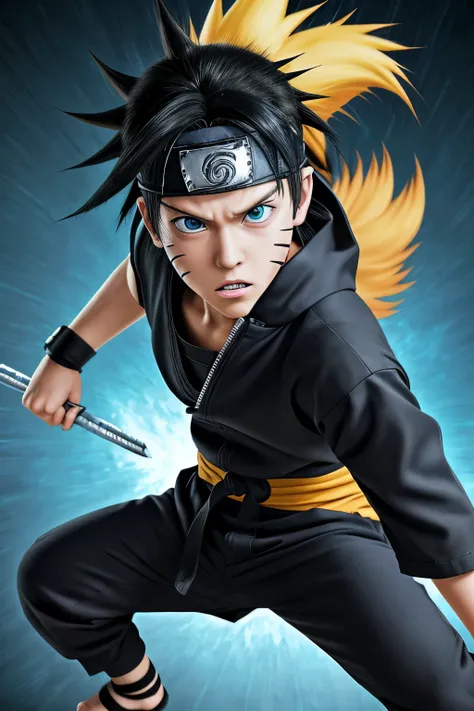 Naruto, age 12, Solo, implementing the ninja technique, spiky black hair, intense blue eyes, emblem on the headband, full body, ninja outfit, detailed, realistic, action pose, dramatic lighting, intense expression, focused, battle scene, manga style, fine ...