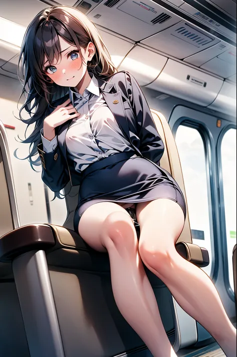 (1 person、alone:1.1), Beautiful woman, Anatomically perfect body, Slender、(stewardess、Cabin attendant), (Japan Air Line uniform、Jacket、Pencil Skirt:1.1)、(Look down:1.2), (detailed panty:1.3), (Pussy juice:1.2)、20-year-old、(Highest quality)、Black Hair, (Hal...