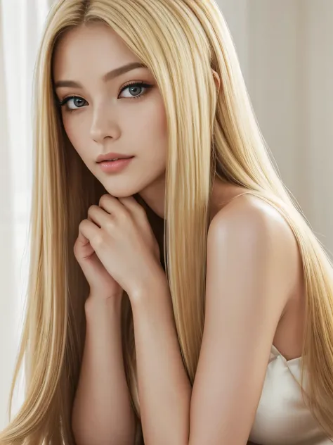 ((Waist up shot))　　((Highest quality)), ((masterpiece)), (Get used to it), Perfect Face　(1 Girl)　(French)　(She is 24 years old、The most beautiful French fantasy girls　)　((Her hair is blonde:1.5))　((Her hair is very wavy!!!))　((Beautiful hair model with lon...