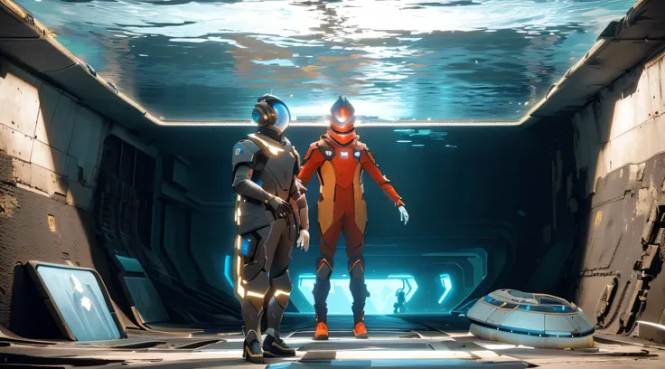 there are two people standing in a tunnel with a spaceship in the background, in a underwater horror scene, fashion gameplay screenshot, humans hide in the underwater, 2020 video game screenshot, life simulator game screenshot, video game screenshot>, scre...