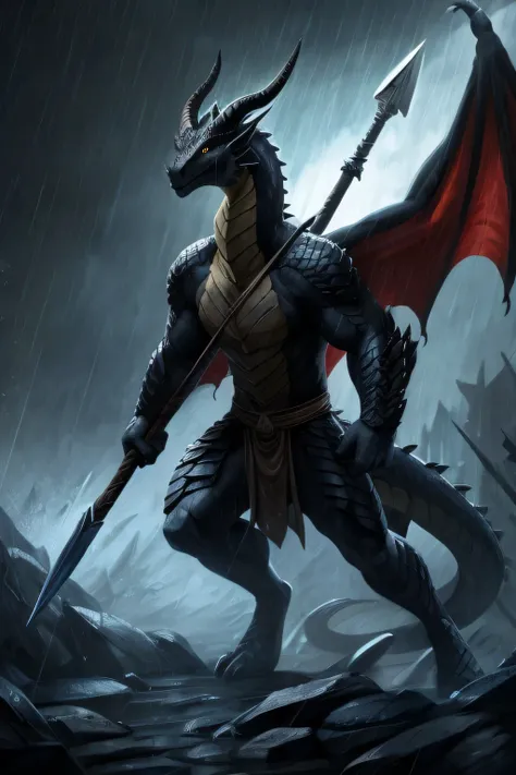 Male, Anthro, Western Dragon Raining, Dynamic pose, holding large spear, stone scales, yellow eyes, long horns, long neck, dim environment, eerie