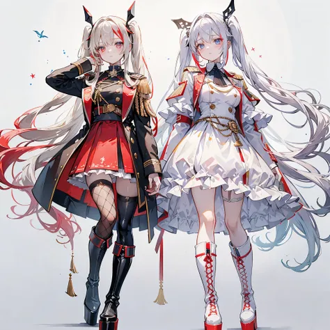 Two girls, one with beige hair and very red eyes, the other with white hair and blue eyes, pigtails, long hair, white background, colorful jewels, light, high quality, military uniform, standing back to back, fishnet stockings, platform boots