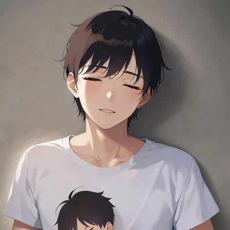 upper body、shiny skin, masterpiece、Highest quality、(25-year-old male:1.5) and (Black short hair) and (closed eyes:1.5), White T-shirt、on back、sleepy、The background is the floor、alone、Sleeping on the floor