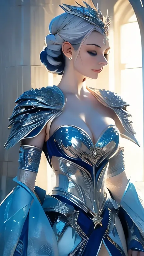 The princess stands before you, clad in an armor of ice that transfigures her into a true queen of the snowy realm. Each armor piece is a frozen masterpiece, crafted with painstaking precision. The shoulder pads exhibit ice spikes, acting as chiseled defen...