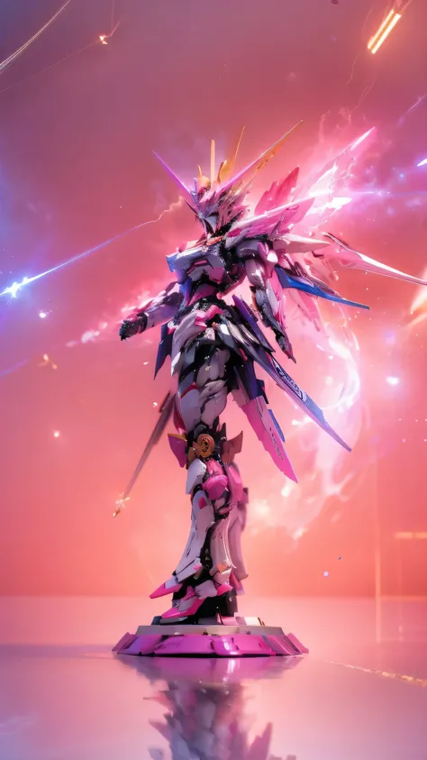 Real、high resolution、8K、The Strike Freedom Gundam stands in space emitting pink light particles.、Particles of light surround the aircraft、Facing the camera、（Female humanoid giant robot）、

