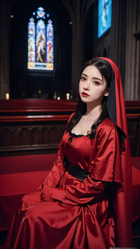 with high definition images,(Gothic Nun)、1990s、Surreal Makeup、Beautiful woman in a red dress inside a gothic church at night、Neon Light、very dark、Horror、Red tint、High detail、Ultra-realistic、SonyA7III、Cinematic lighting、film、Grain、UHD Face、Volumetric Shadow...