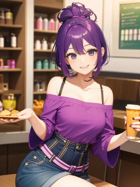 It depicts a girl with bright purple hair having fun in a cafe.。Her hair has pink tips、It brings out her cheerful personality。She is wearing a yellow off-the-shoulder top、That bright smile and sparkling eyes、It brings joy and warmth。