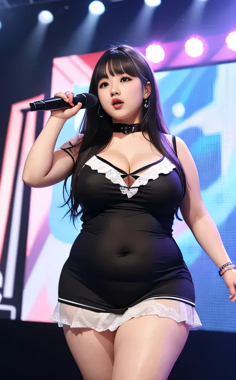 ((8K)), highest quality, 超High resolution, (Surreal)、(High resolution), 1 girl, idol, ((idol clothing)), big breasts, Overweight, extremely fat, ((Chubby)), on stage