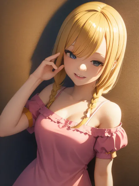 It depicts a girl with bright blonde hair 。Her hair has pink tips、It brings out her cheerful personality。She is wearing a yellow off-the-shoulder top、That bright smile and sparkling eyes、It brings joy and warmth。