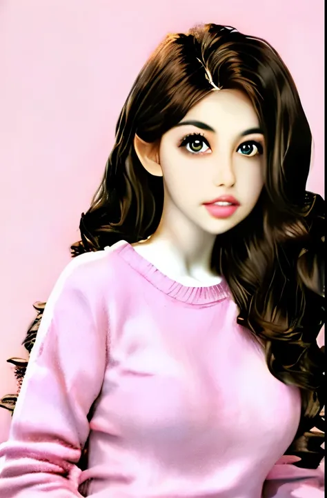 Girl, long brown hair, brown eyes, sharp features, white skin, pink lips, beautiful, soft and delicate, sweater