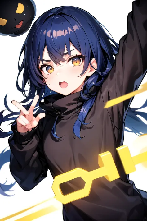 ((beste Qualität)), Gold Eyes, Boy, Dark blue hair, medium length hair, black pullover with a white pattern on it, Anime, VTuber, Looking into the viewer, Half-body Picture, white background, Neutral pose, Gender Male