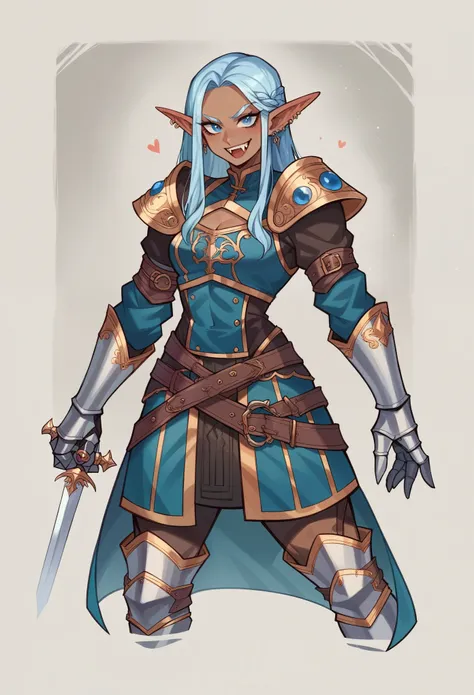 Skin: blue-azure, Gender: female, Ears: sharp, elf-like, Build: toned and athletic, Fangs: prominent, Eyes: piercing, icy blue, Hair: dark blue, cascading to shoulders, Clothing: fully enclosed, predominantly azure with intricate brown accents and mystical...