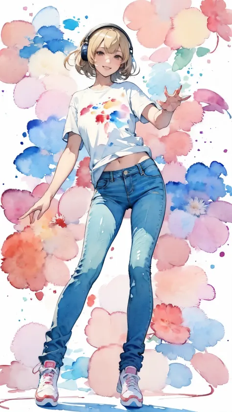 (masterpiece:1.2, highest quality),(very detailed),(((watercolor))),8k,wallpaper,(headphones),(windbreaker),(pop t-shirt),(slim ...