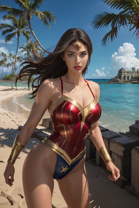 full body sexy beauty muscular 16 years old Wonder Girl, tall muscular, black long straight hair, blue eyes, red lips, Wonder Girl costume, Wonder Girl in combat position on the beach of a tropical island, lush vegetation, palm trees, bushes, ancient ruine...