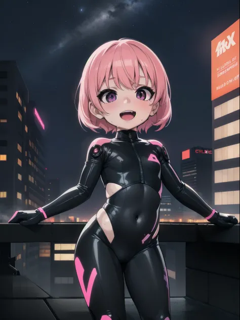 1girl,detailed eyes,(child:1.8),skinny, pink hair, purple eyes, Sweat,outdoor,night sky,,rooftop ,open bodysuit ,midriff ,sci-fi,cyberpunk ,navel,happy ,