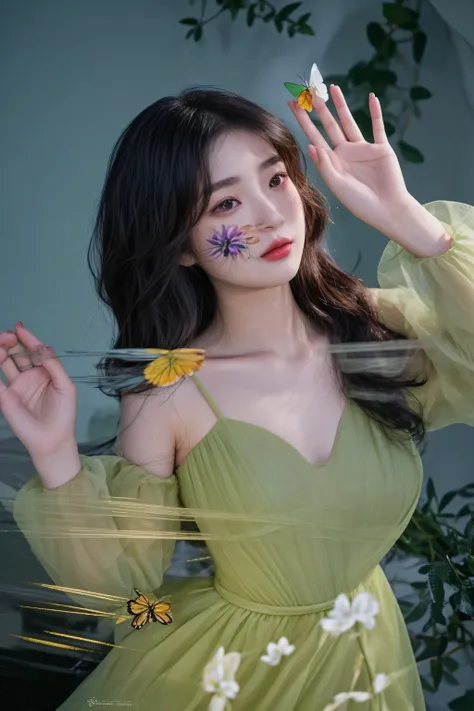 there is a woman in a green dress holding a butterfly, captured on canon eos r 6, harmony of butterfly, iu, shot on canon eos r 5, shot on canon eos r5, bae suzy, korean artist, taken with canon eos 5 d mark iv, with beautiful wings, high res, taken with c...