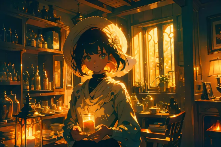 Create exquisite illustrations reminiscent of Makoto Shinkais style, It has ultra-fine details and top-notch quality. Create a high-quality illustration depicting a beautiful girl in an attic filled with antiques, illuminated by the warm glow of the settin...