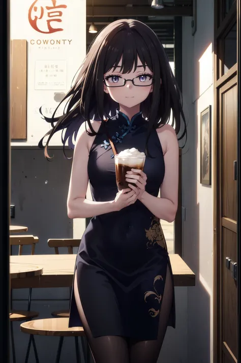 Takiuchi, Check it out, Long Hair, bangs, Black Hair, (Purple eyes:1.2),happy smile, smile, Close your mouth,
Sleeveless blue Chinese dress,Blue long slit,Black pantyhose,Stiletto heels,Glasses,Tables and chairs, food, drink, tray, tray in one hand,whole b...