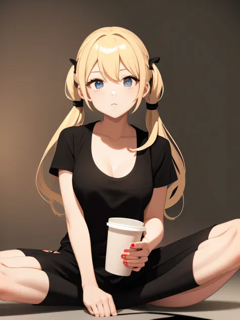 She has blonde twin tails、Wearing a black T-shirt and shorts。I have a drink in my hand．backgrounds is simple