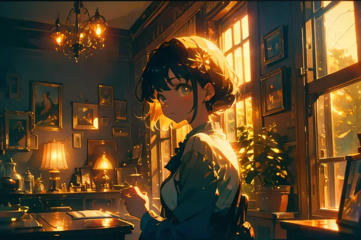 Create exquisite illustrations reminiscent of Makoto Shinkais style, It has ultra-fine details and top-notch quality. Create a high-quality illustration depicting a beautiful girl in an attic filled with antiques, illuminated by the warm glow of the settin...