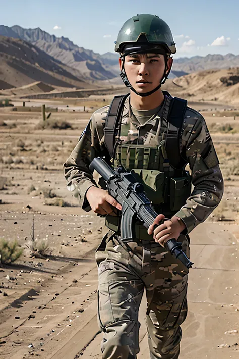 20 years old man, a soldier, wearing soldiers uniform with helmet, camo uniforms, camo soldiers longpants, bring the machine gun, running at the desert with war background 