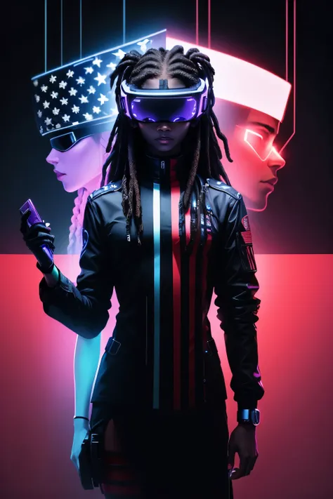 digital American flag, neon colors, cyberspace theme, neon American flag background,, matrix background, ebony man and woman, dreads, vr headset 