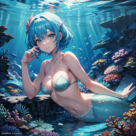 (Excellent: 1.2, highest quality), (Accurate drawing of hands and fingers), Beautiful illustration, (Natural side lighting, cinematic lighting), Caution, Upper body, Beautiful mermaid, (Lower body is a fish fin), Transparent blue hair, Marine blue eyes, In...