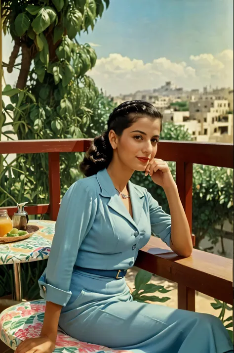 Palestine, 1946. portrait of A young ((((35-year-old)) Sira Quiroga)), beautiful, skinny, sitting in a luxurious hotel patio, having breakfast, ((((clothings from the 1940s)))), ((hairstyle of the 1940s)), ((colorful, Monet))