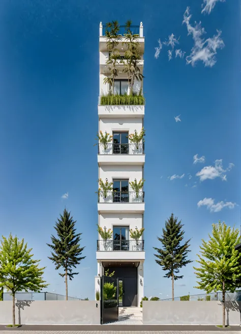 Raw photo,Masterpiece, high quality, best quality, authentic, super detail,
outdoors, house style modern,bietthuhn, white wall, glass windows, gate
road,pavement, grass, trees, sky, cloud, (day:1.1),