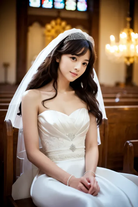 Skinny Japanese woman, Long Wavy Hair, wear (Wedding dress:1.3), sitting in church. Realistic, Realistic, high quality, Raw photo, Detailed Background, Very detailed, Sharp focus, High resolution, 8K, 超High resolution, Digital SLR, Realistic eyes, Perfect ...