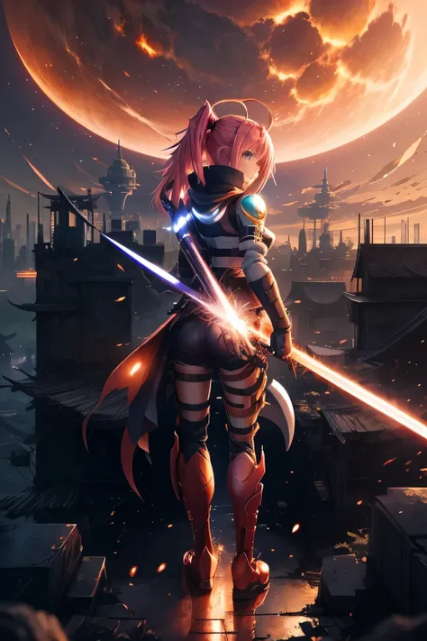 tensei shitara slime datta ken, Milim Nava, anime girl standing in front of a city with a sword, epic anime artwork, posuka demizu, anime fantasy illustration, anime fantasy illustrations, anime style like destiny/Overnight stay, Anime Wallaper, epic light...