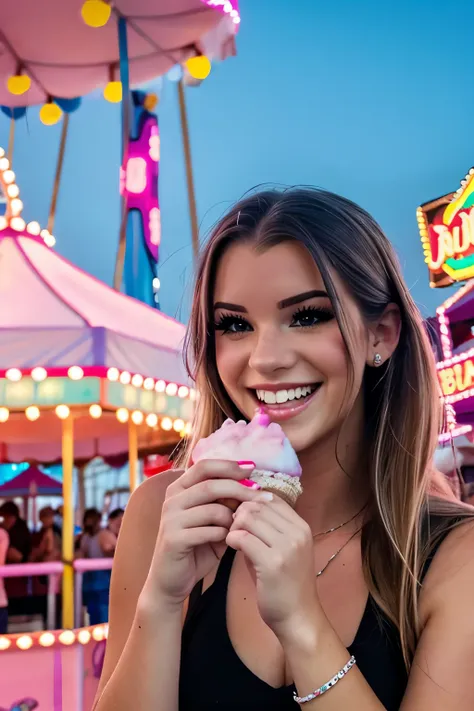 21 year old woman brooke monk eating cotton candy at a carnival happy and smiling