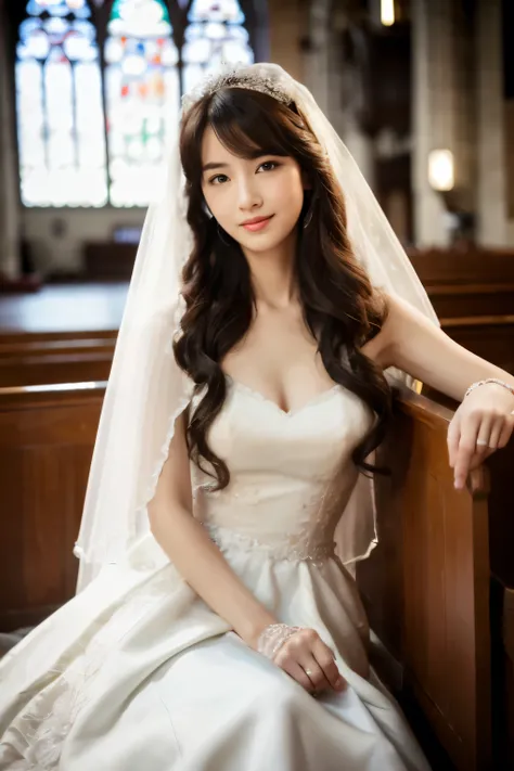 Skinny Japanese woman, Long Wavy Hair, wear (Wedding dress:1.3), sitting in church. Realistic, Realistic, high quality, Raw photo, Detailed Background, Very detailed, Sharp focus, High resolution, 8K, 超High resolution, Digital SLR, Realistic eyes, Perfect ...